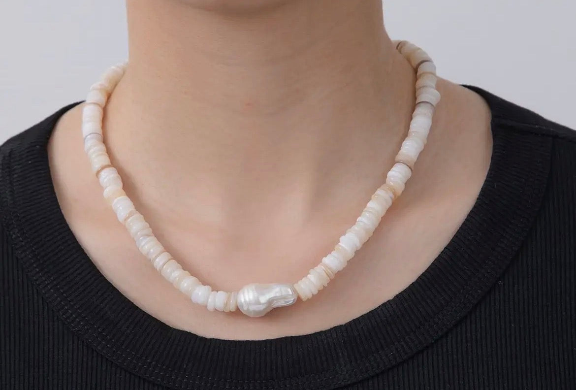 Heishi Shell and Freshwater Pearl Necklace
